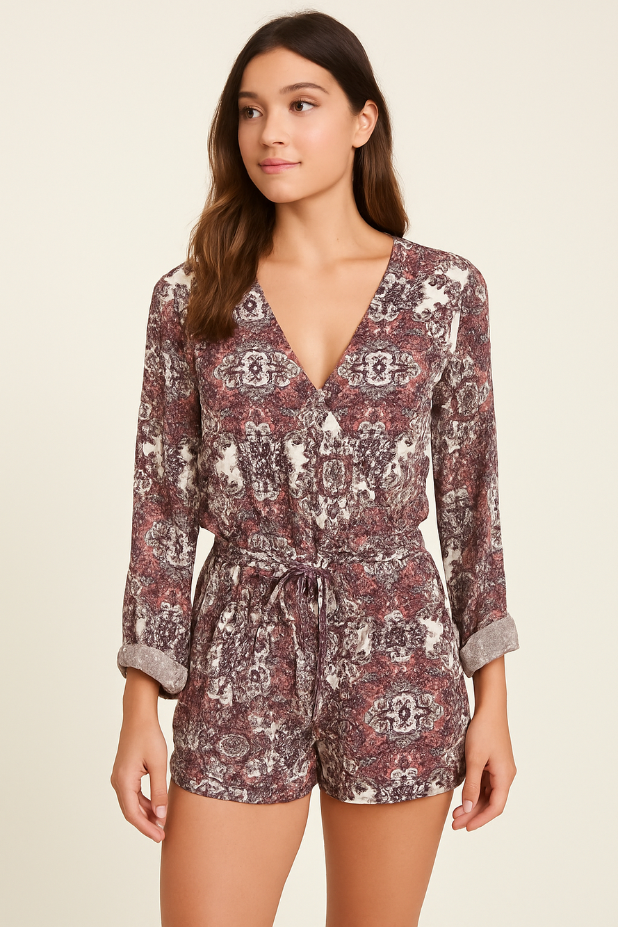 Intermix McCourty 100% Silk Faux Wrap Long Sleeve Paisley Romper Pockets Sz P/2